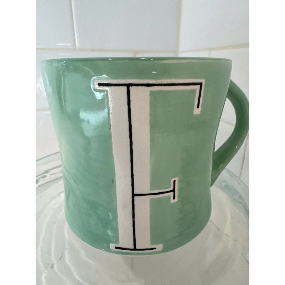 ANTHROPOLOGIE COFFEE TEA CUP MUG GREEN WITH LETTER F 12 OZ